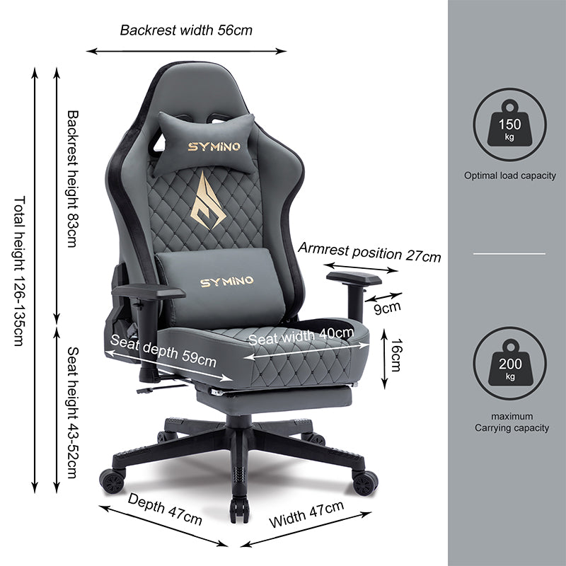 SYMINO Ergonomic Gaming Chair, PU Leather - Grey, Retro-Style