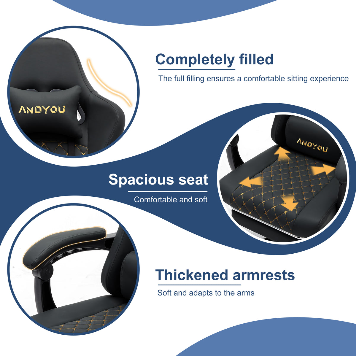 ANDYOU (Upgraded from SYMINO):  Ergonomic PU Leather Racing Style Gaming Chair - Comfortable and Adjustable, Black