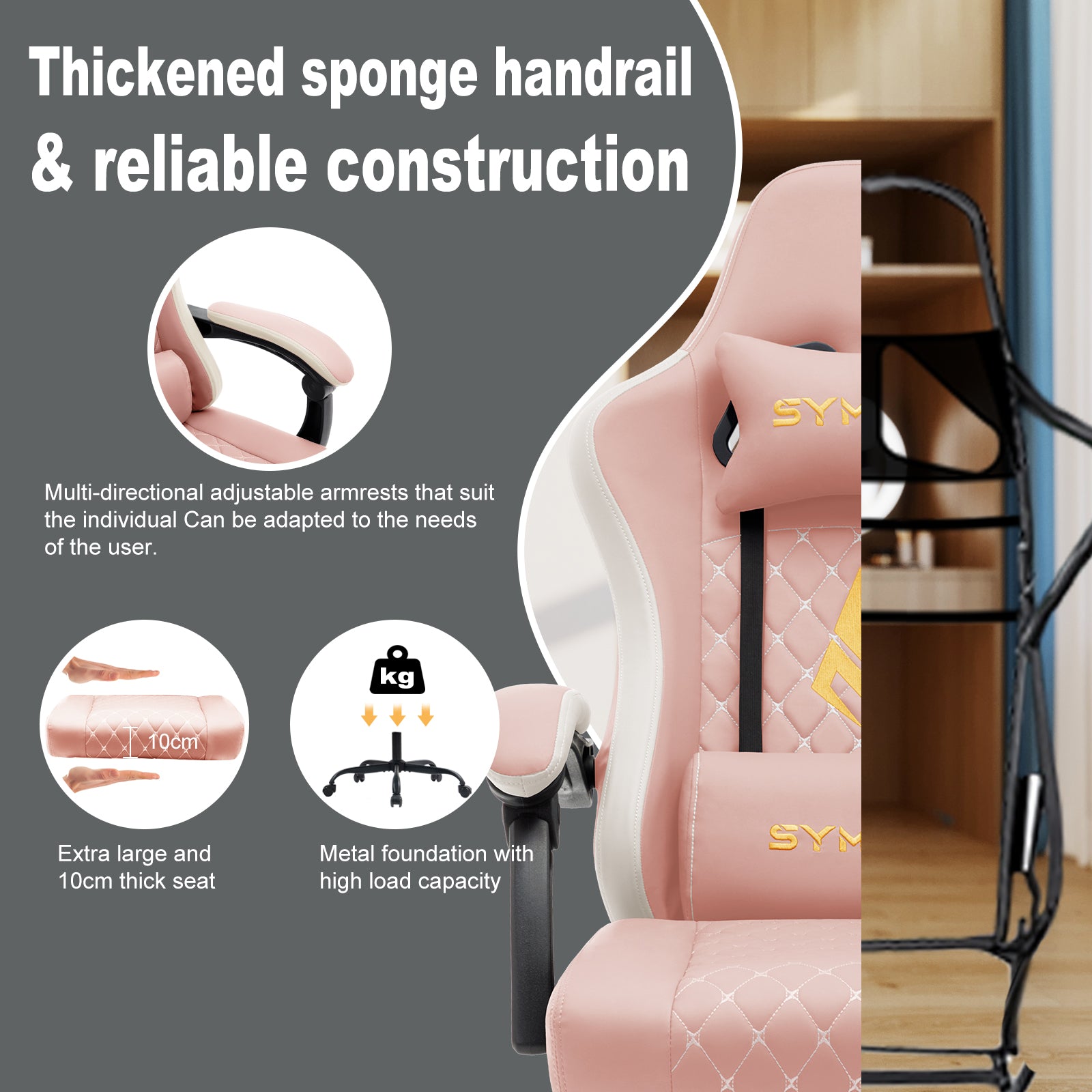 SYMINO Ergonomic PU Leather Racing Style Gaming Chair - Comfortable and Adjustable, Pink/Grey