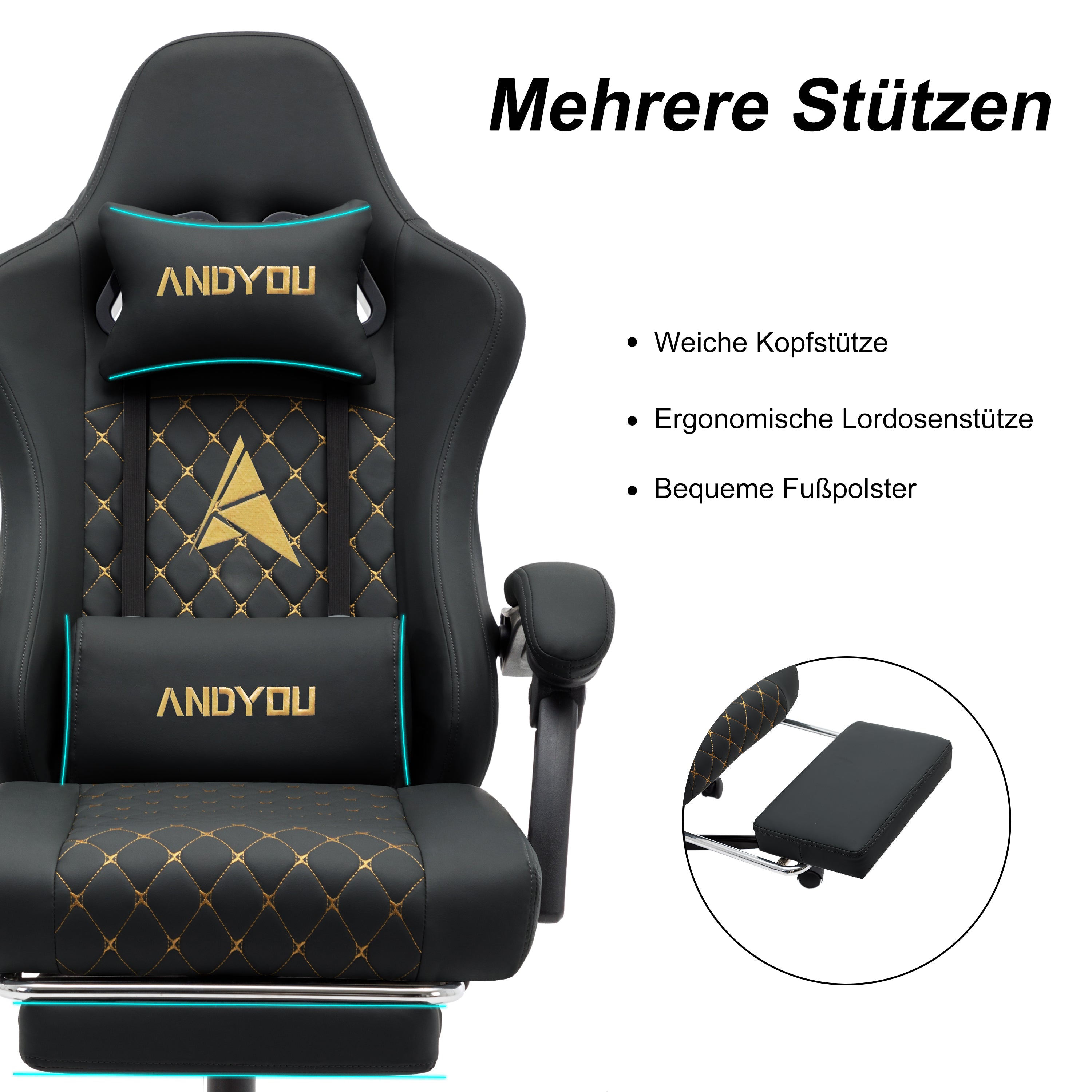 ANDYOU Ergonomic Racing Style Gaming Chair – Adjustable Comfort with PU Leather, Black