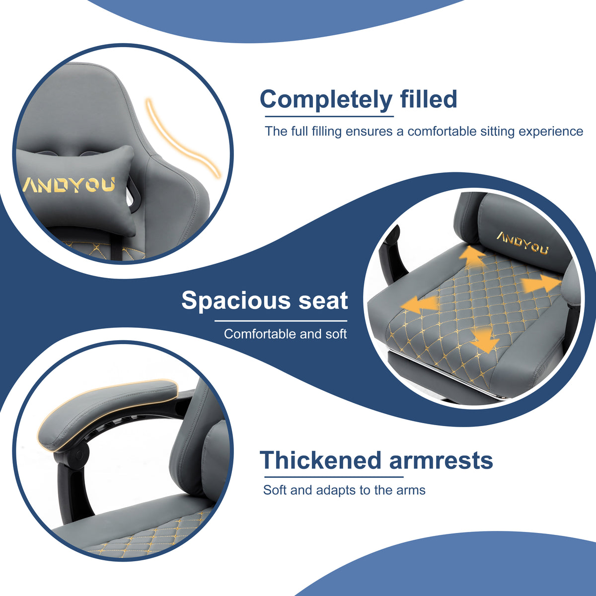 ANDYOU (Upgraded from SYMINO):  Ergonomic PU Leather Racing Style Gaming Chair - Comfortable and Adjustable, Grey