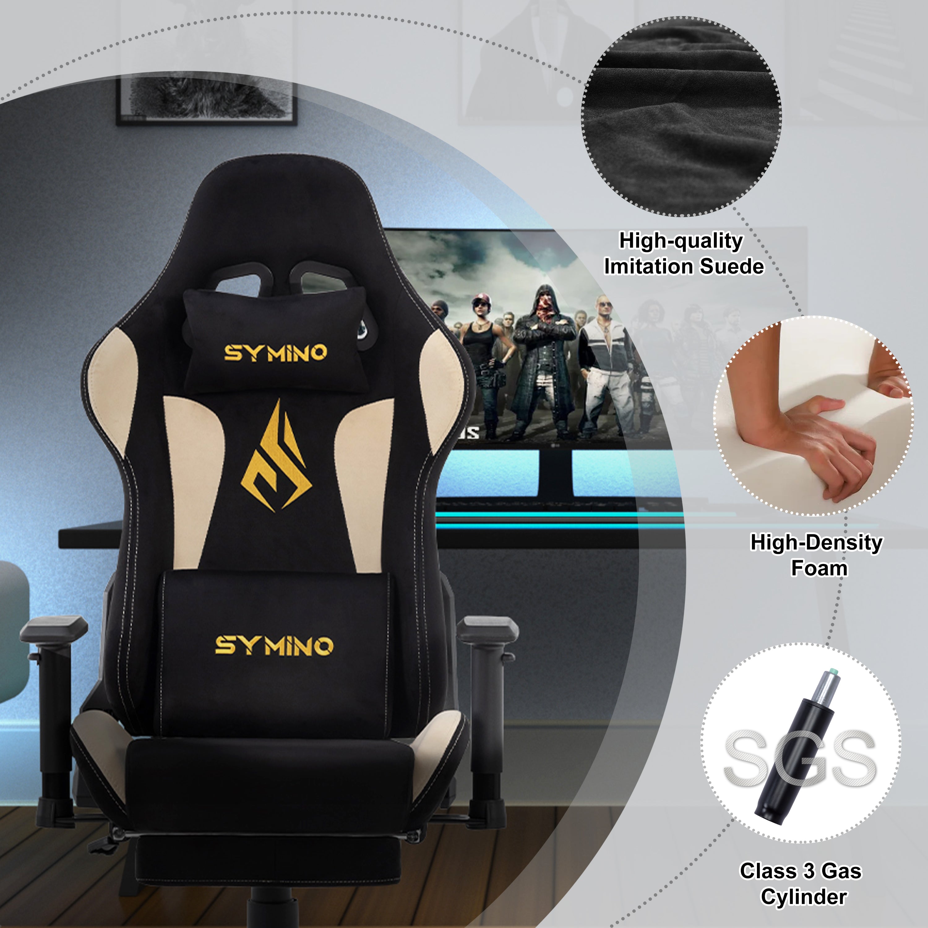 SYMINO Breathable Gaming Chair with Footrest, Height Adjustable & 360° Swivel BLACKBEIGE