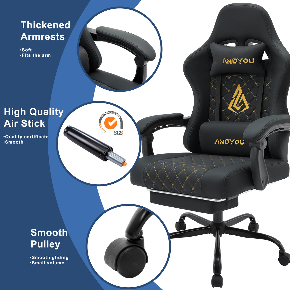 ANDYOU (Upgraded from SYMINO):  Ergonomic PU Leather Racing Style Gaming Chair - Comfortable and Adjustable, Black