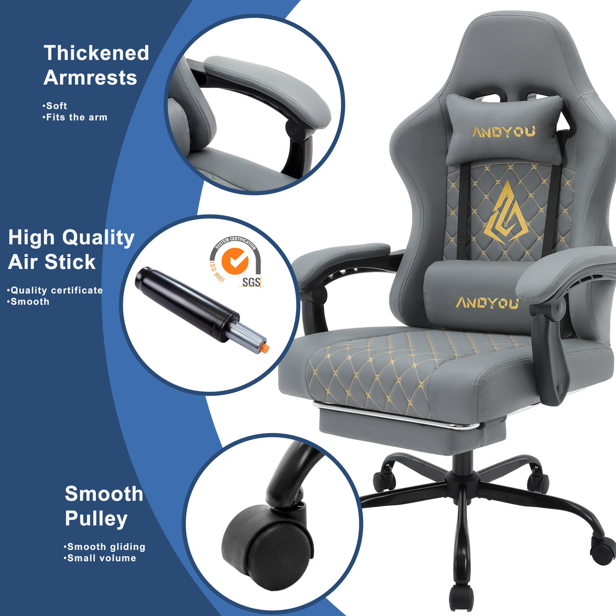 ANDYOU (Upgraded from SYMINO):  Ergonomic PU Leather Racing Style Gaming Chair - Comfortable and Adjustable, Grey