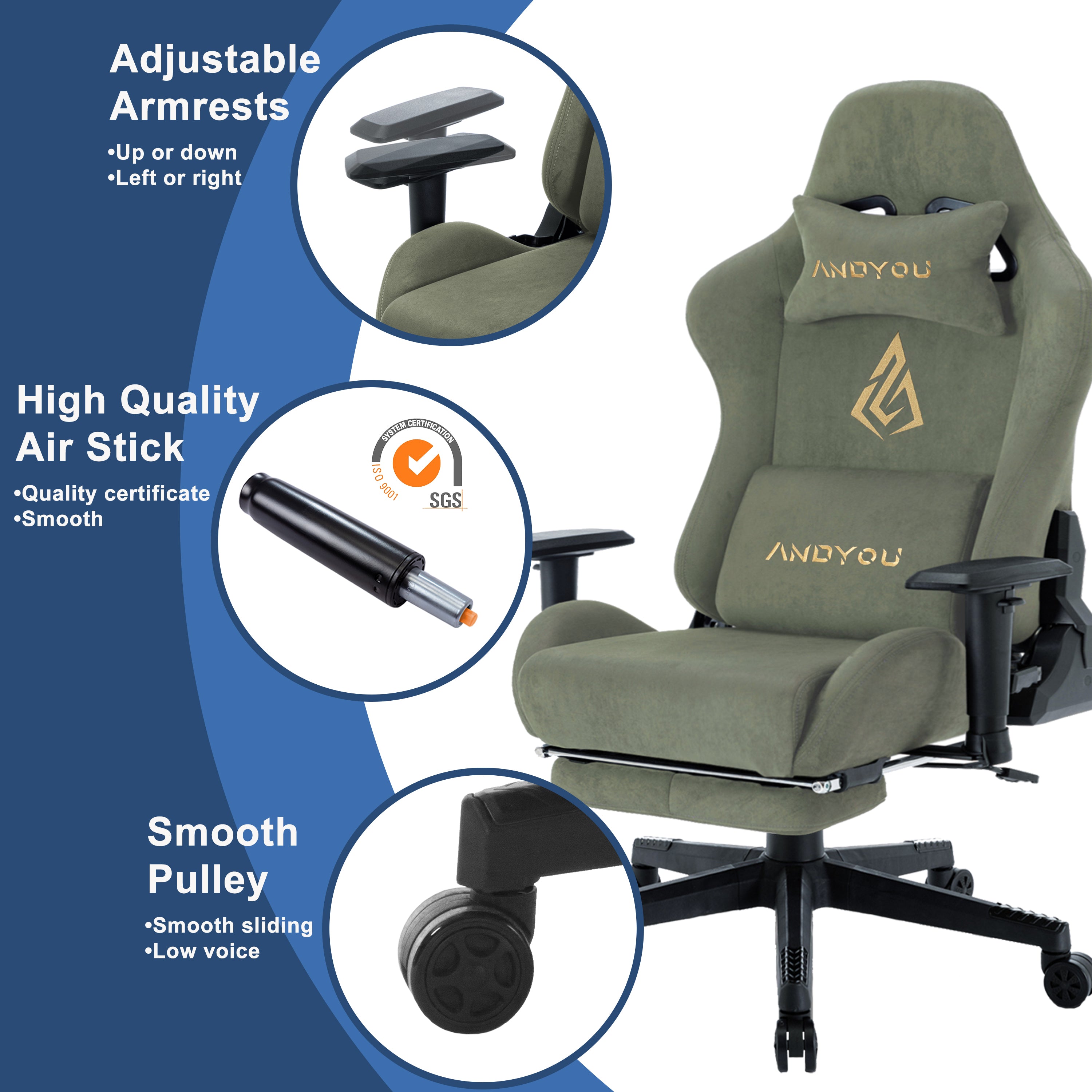 ANDYOU (Upgraded from SYMINO): Green Premium Breathable Ergonomic Gaming Chair - Adjustable, Rotating, with Footrest