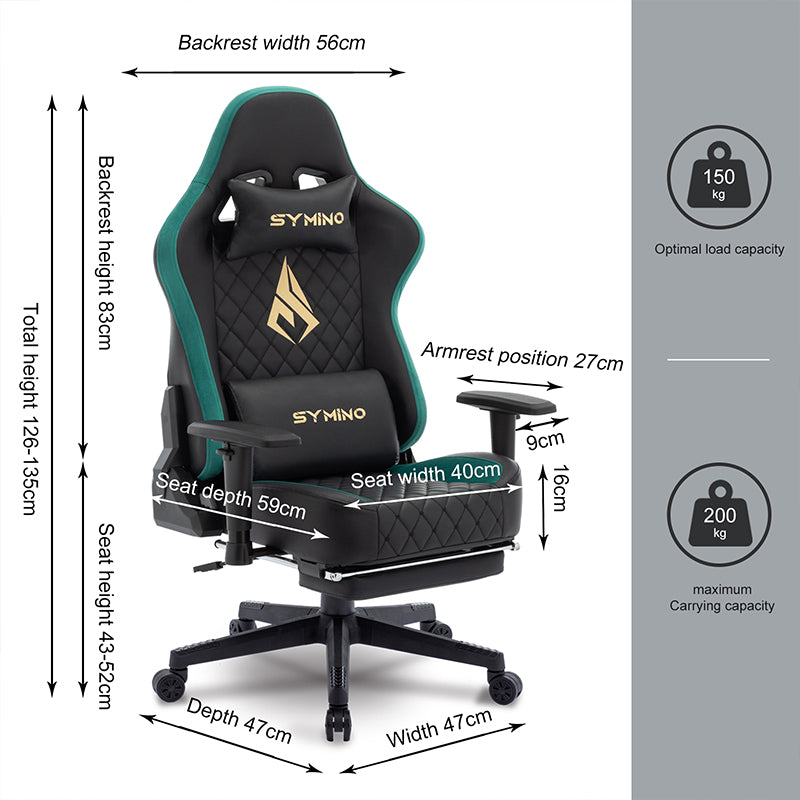 SYMINO Ergonomic Gaming Chair, PU Leather - Black, Retro-Style