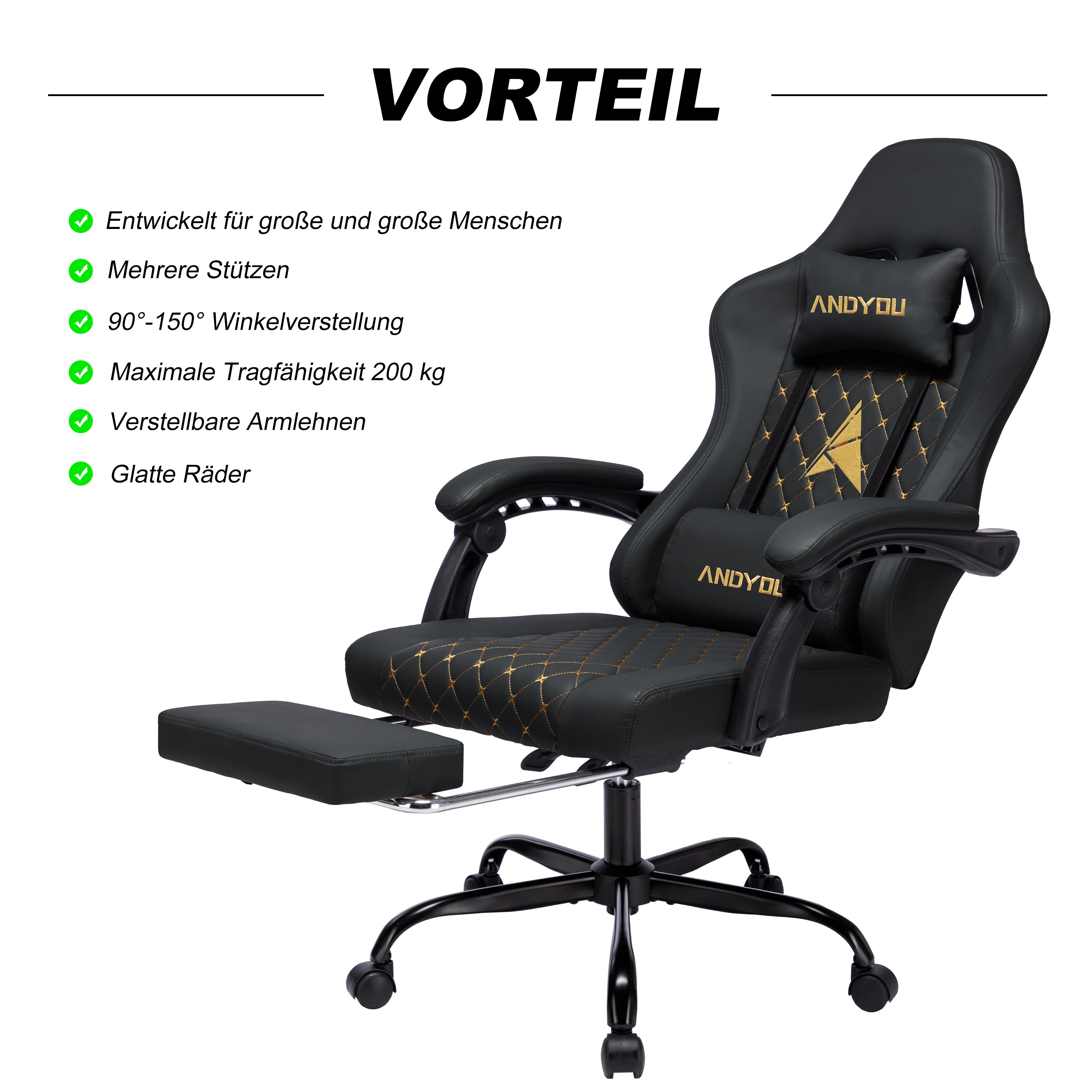 ANDYOU Ergonomic Racing Style Gaming Chair – Adjustable Comfort with PU Leather, Black