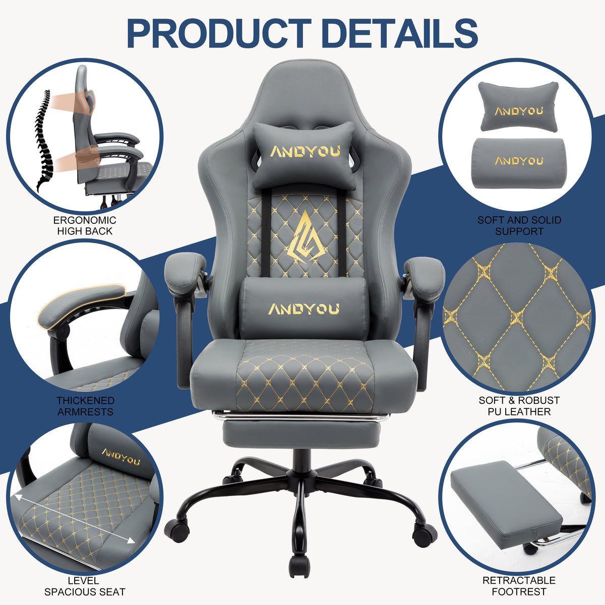 ANDYOU (Upgraded from SYMINO):  Ergonomic PU Leather Racing Style Gaming Chair - Comfortable and Adjustable, Grey