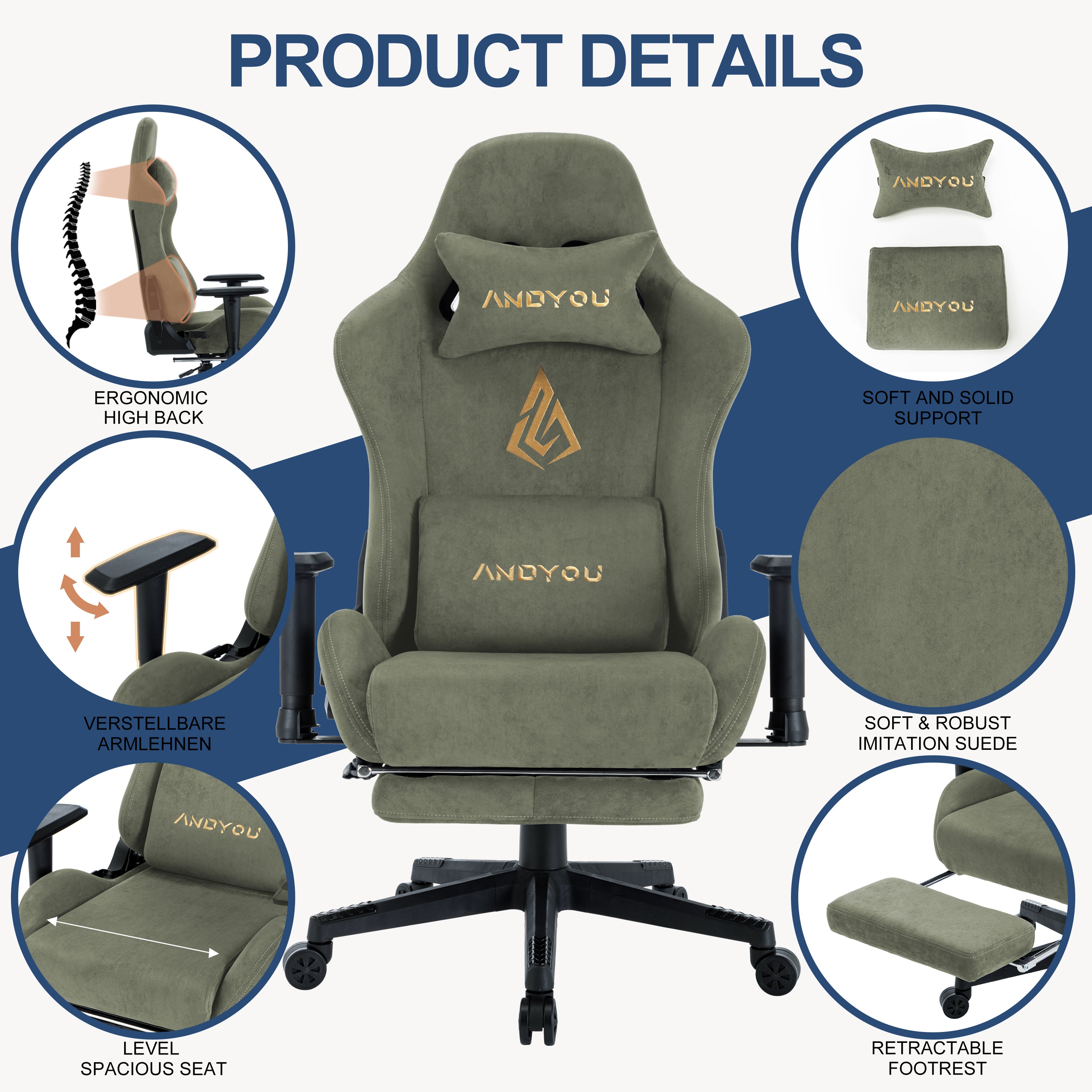 ANDYOU (Upgraded from SYMINO): Green Premium Breathable Ergonomic Gaming Chair - Adjustable, Rotating, with Footrest