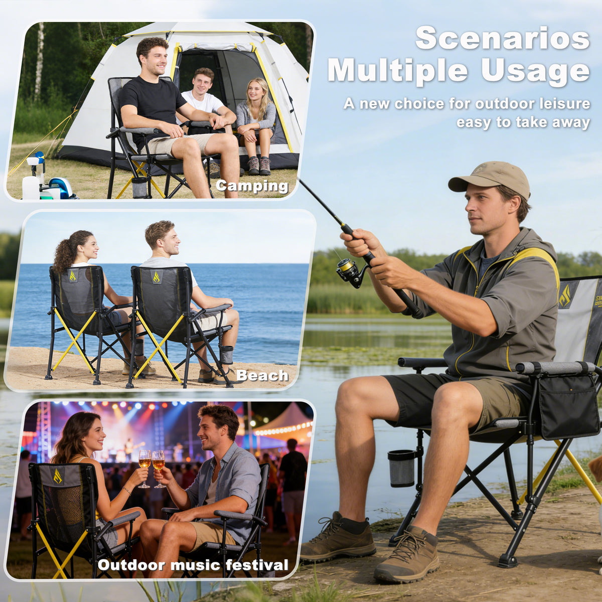 SYMINO Folding Camping Chair for Adults, Heavy Duty 600D Oxford Portable Outdoor Chair with Cup Holder & Carry Bag, Thick Steel Pipe Foldable Chair for Camping, Fishing, Beach, Festival & Picnic