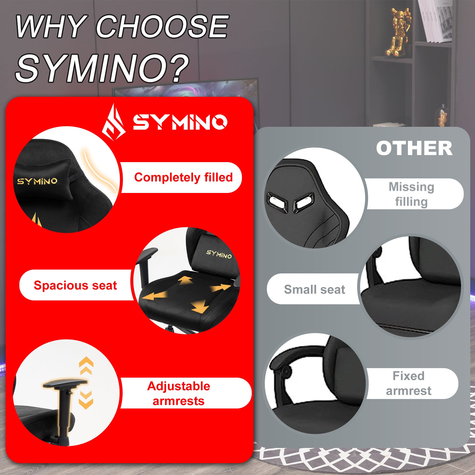 SYMINO Ergonomic Gaming Chair with Footrest, Breathable and Adjustable, Black