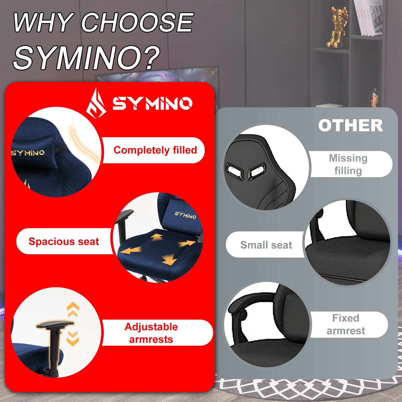 SYMINO Ergonomic Gaming Chair with Footrest, Breathable and Adjustable, Dark Blue