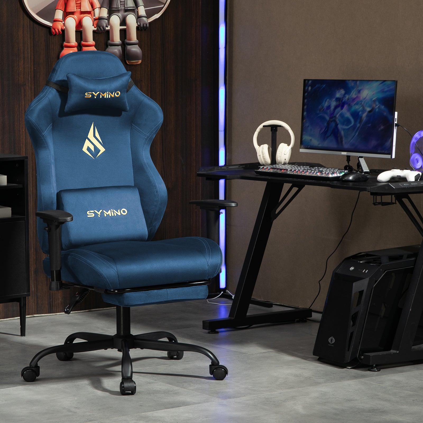 SYMINO Ergonomic Gaming Chair with Footrest, Breathable and Adjustable, Blue