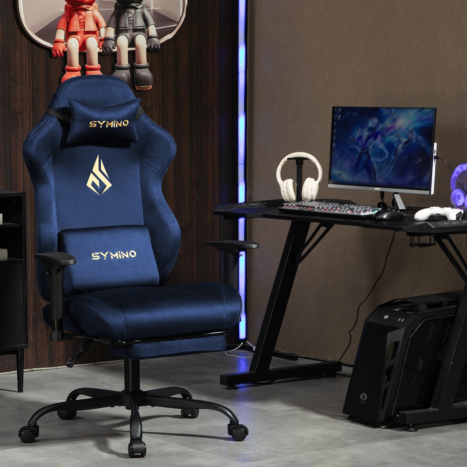 SYMINO Ergonomic Gaming Chair with Footrest, Breathable and Adjustable, Dark Blue