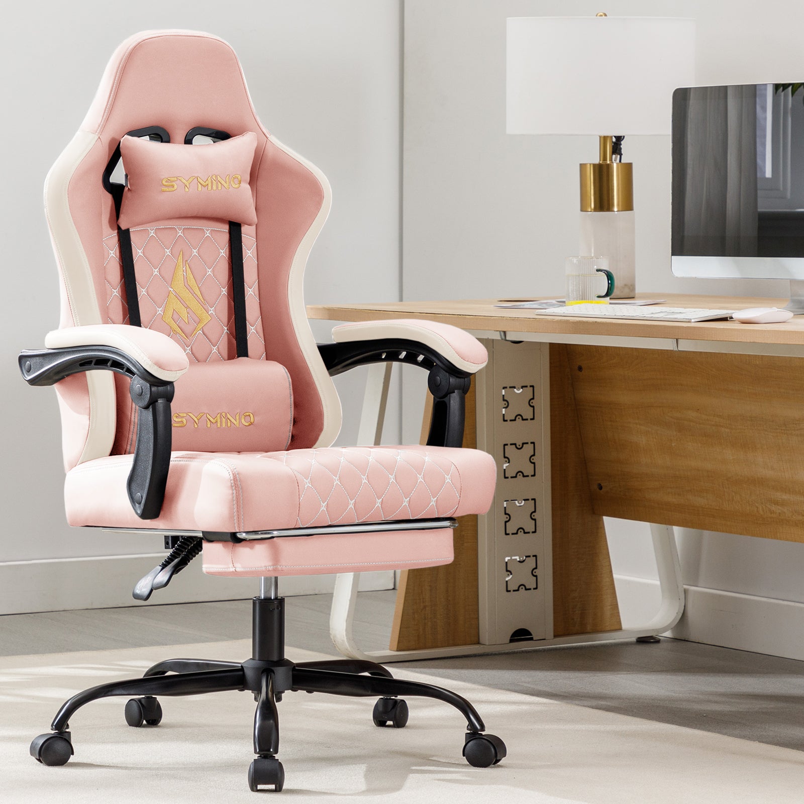 SYMINO Ergonomic PU Leather Racing Style Gaming Chair - Comfortable and Adjustable, Pink/Grey