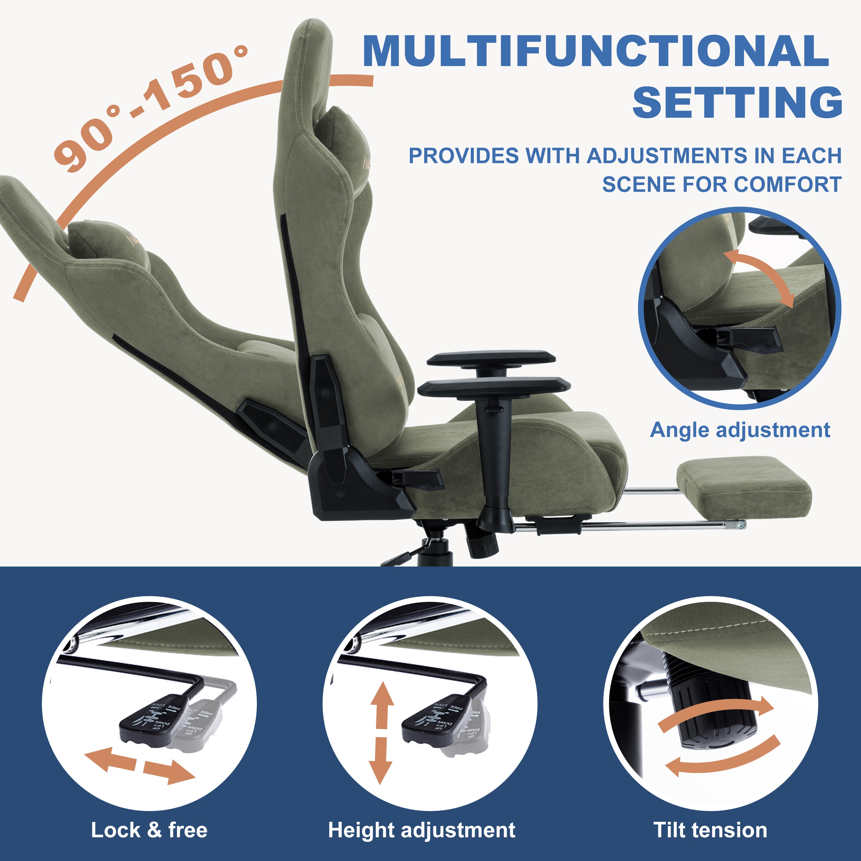 ANDYOU (Upgraded from SYMINO): Green Premium Breathable Ergonomic Gaming Chair - Adjustable, Rotating, with Footrest