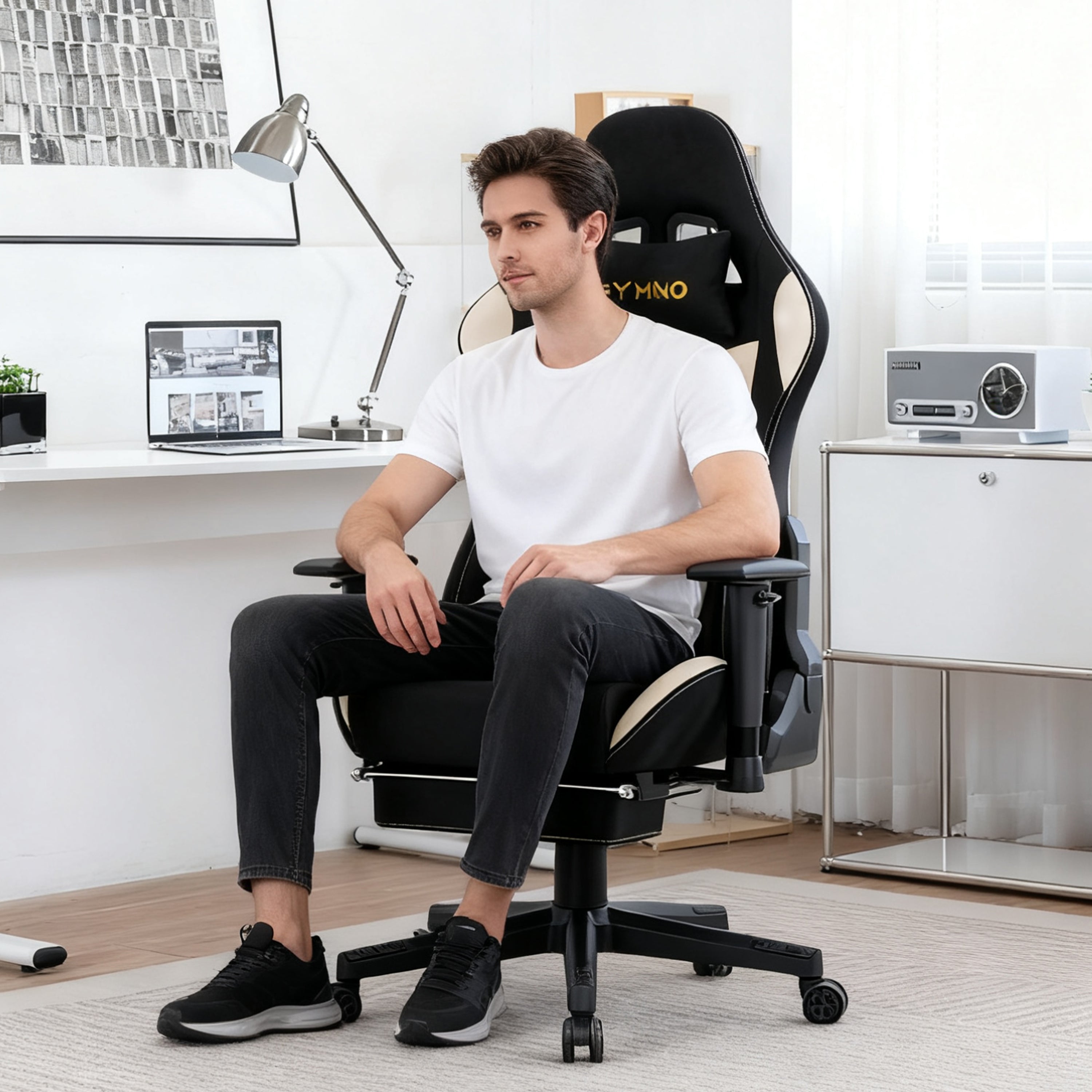 SYMINO Breathable Gaming Chair with Footrest, Height Adjustable & 360° Swivel BLACKBEIGE