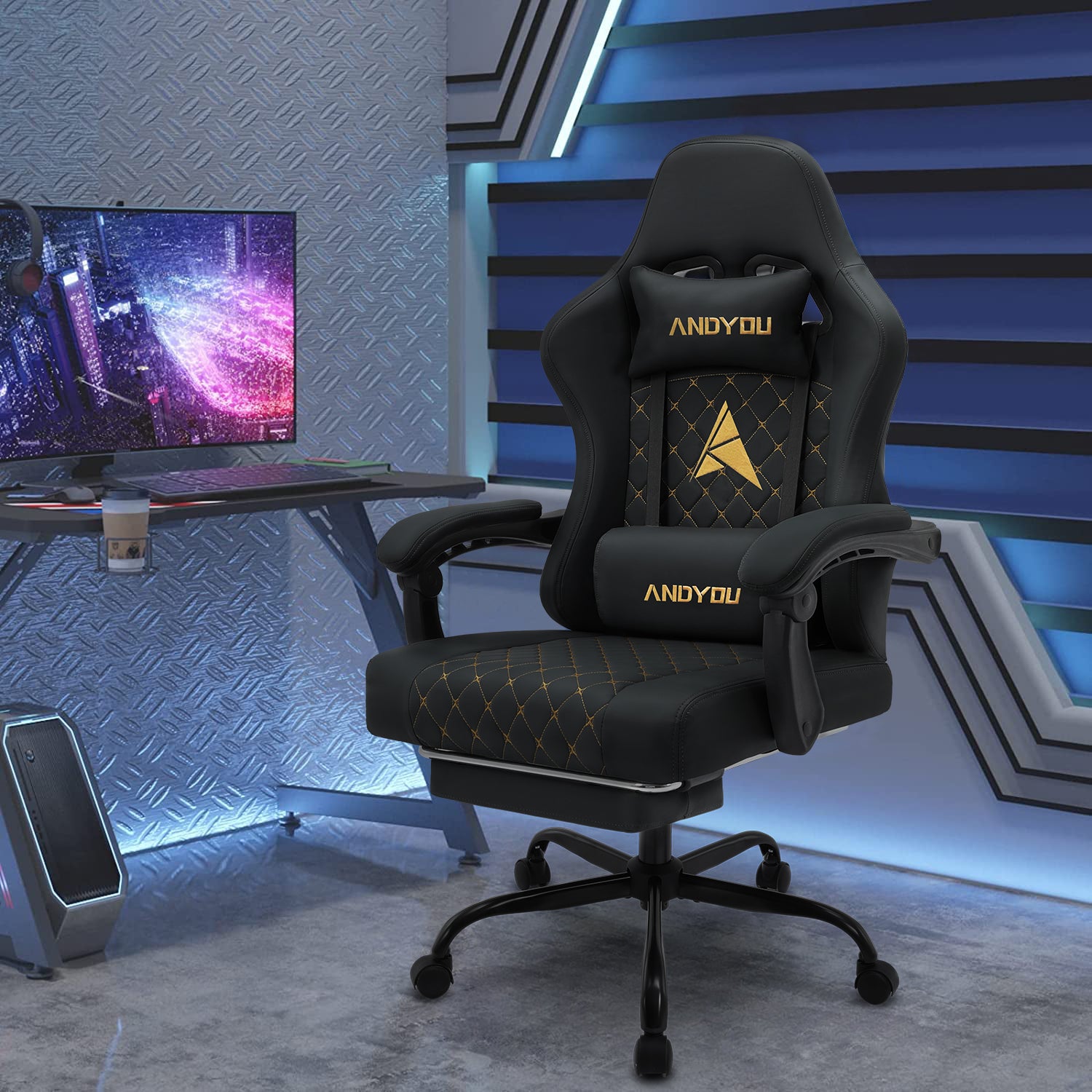 ANDYOU Ergonomic Racing Style Gaming Chair – Adjustable Comfort with PU Leather, Black